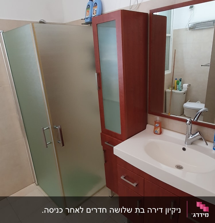 בקבוקי חומרי ניקוי על מדף בחדר אמבטיה